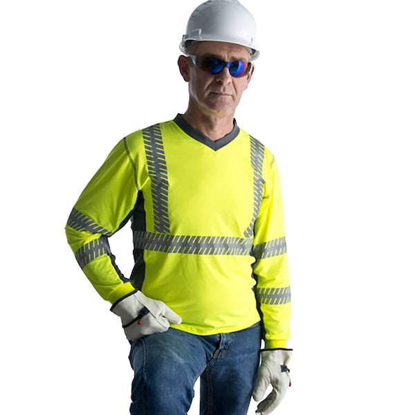 Cordova Hi-Vis V-Neck Long Sleeve Shirt, 3, R, Polyester/Spandex, Lime/Gray, XL V571XL - main